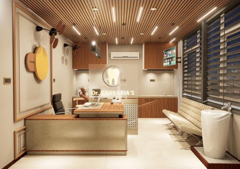 Consultation cabin with wooden slat ceiling