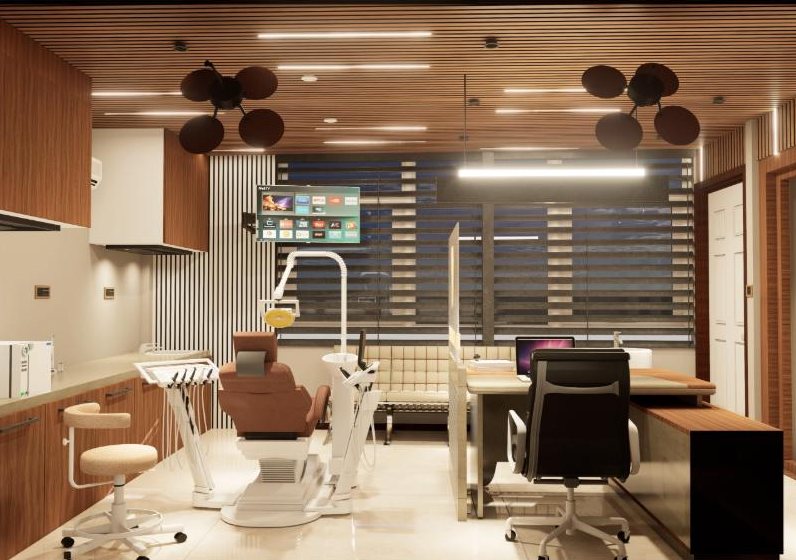 Operatory with dental chair and overhead screen