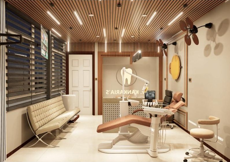 Dental chair facing the clinic logo wall