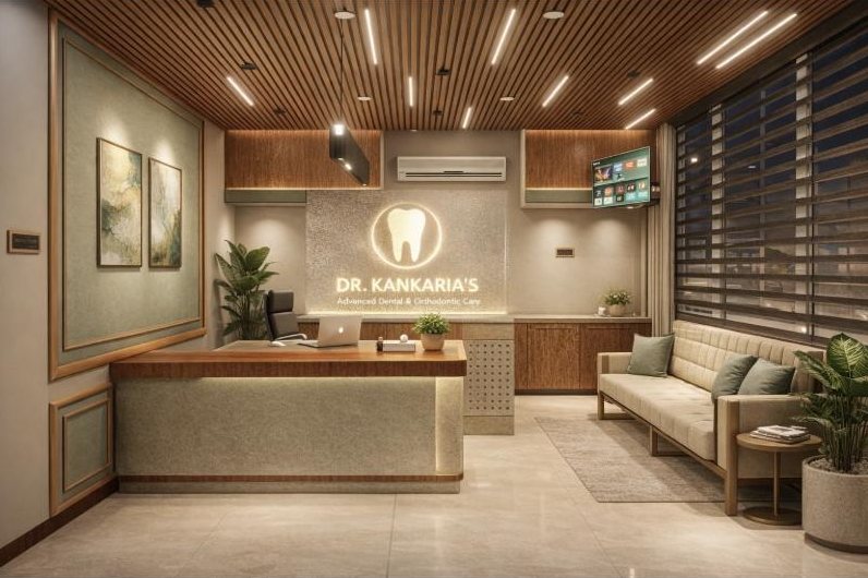 Reception with backlit Dr. Kankaria's sign and waiting sofa